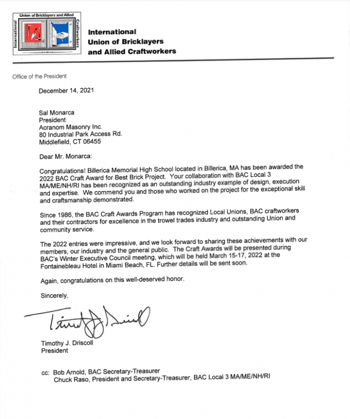 Letters of Recommendation | Acranom Masonry Inc.